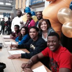 Inderkum seniors Tyler Dean, CJ Spencer, Hailey Maxwell and Jordon Thomas at today's signing ceremony. / Photo by Trevor Horn