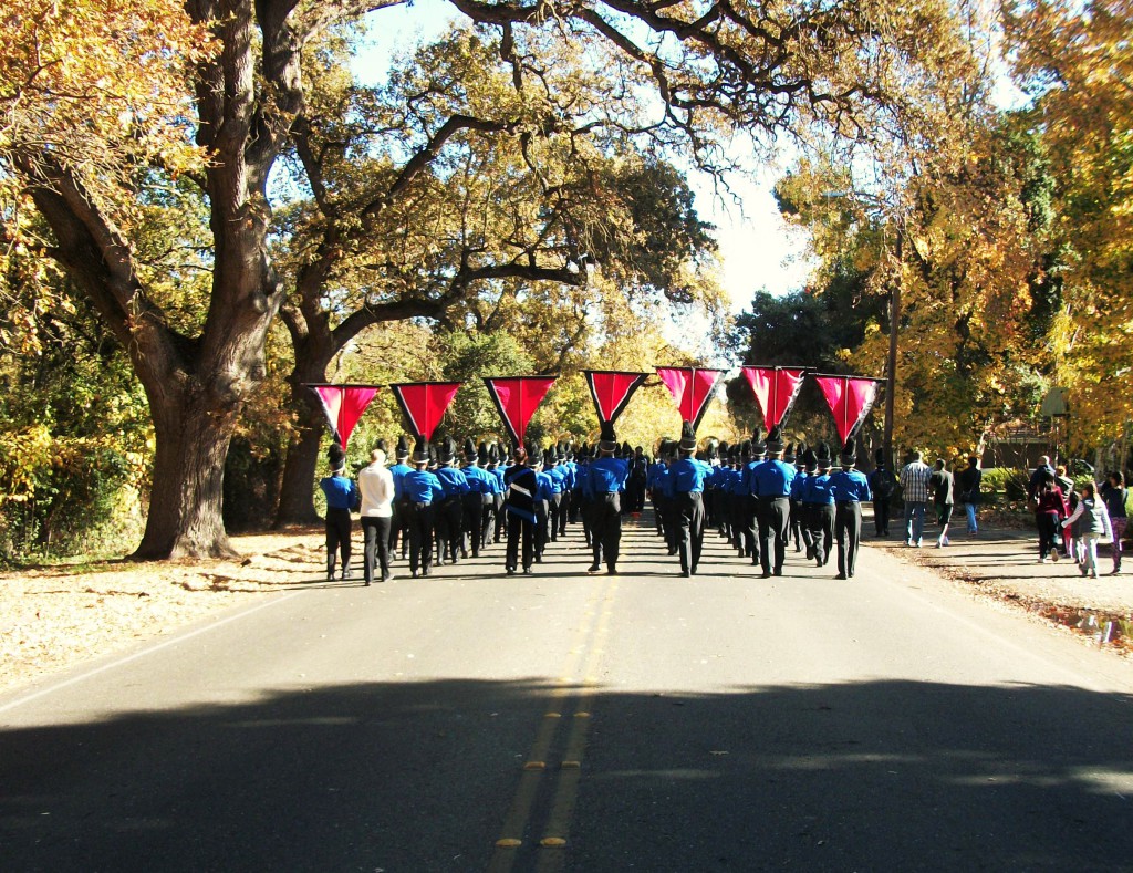 Marching down the street for a practice run-through. 