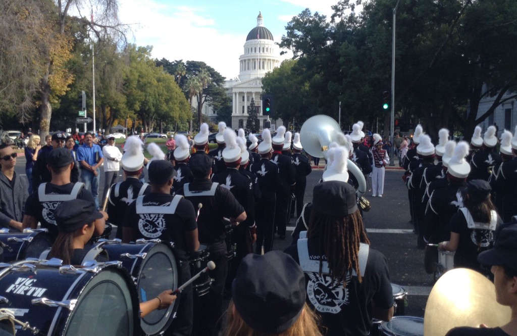 Natomas High School marching band with state Capitol in the foreground.