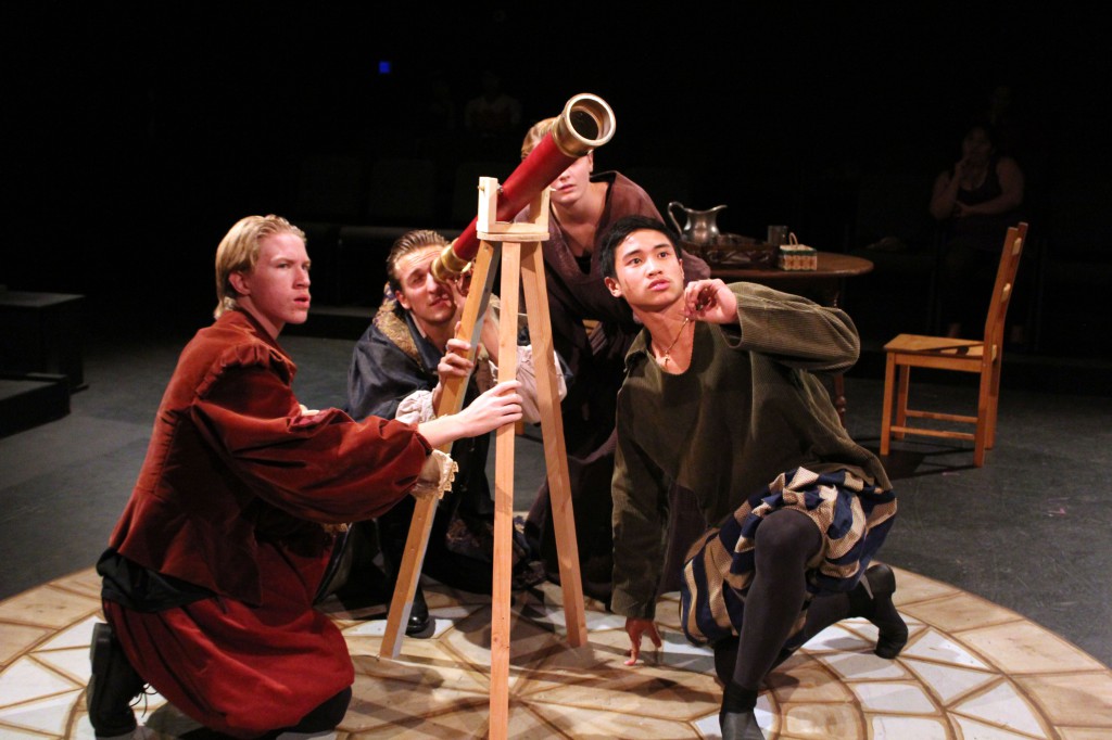 Students (from left) Jared Unger, Christian Wheeler, Stacy O'Brien, and James Vu perform a scene from "Galileo," the fall drama production (2012).