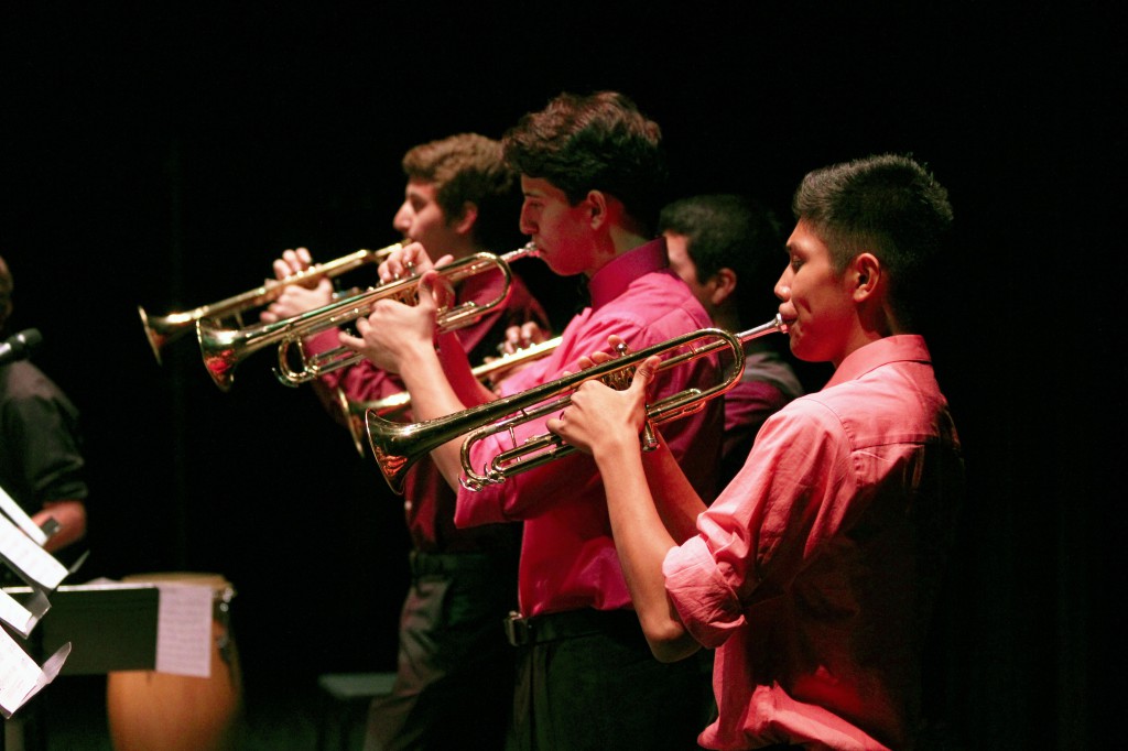 Trumpeters from the PFAA Show Band performing in "Jazz at the Ben," October 18, 2013. From front to back: Aidan Ordona, Gino Videche, and Jonathan Cata.