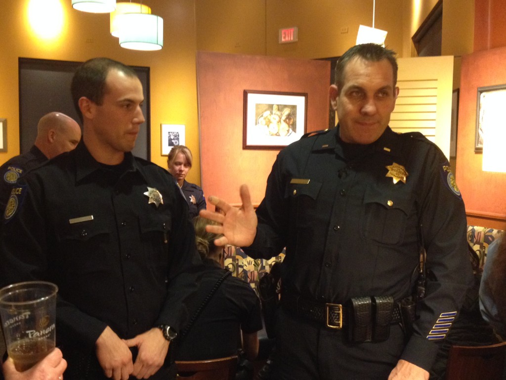 Sacramento Police Lt. Charles Husted meets with members of the Natomas community during a community call box event held at Panera in Natomas. 