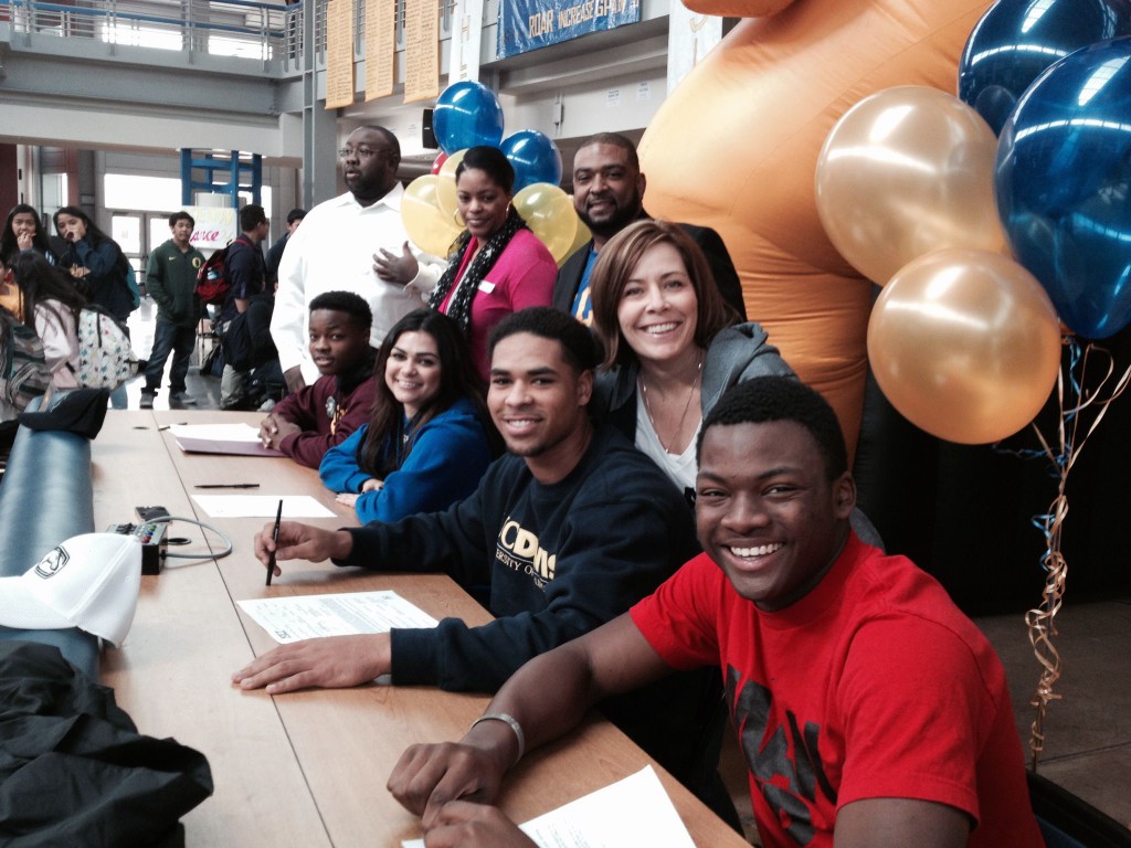 Inderkum seniors Tyler Dean, CJ Spencer, Hailey Maxwell and Jordon Thomas at today's signing ceremony. / Photo by Trevor Horn