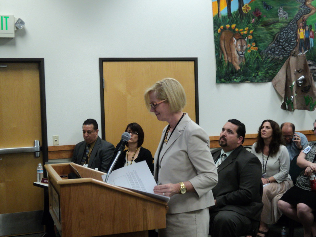 Principal Marnie Lynch addresses the Natomas Unified school board Wednesday night. / Photo: E. Sanchez