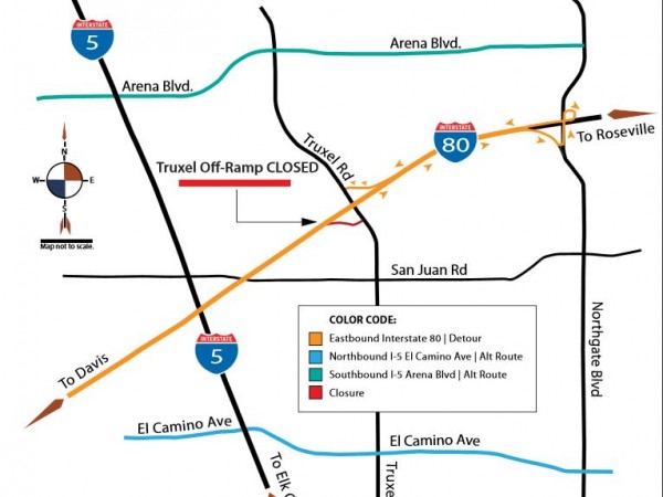 Detour map for planned 21-day closure of Truxel off ramp in Natomas. 