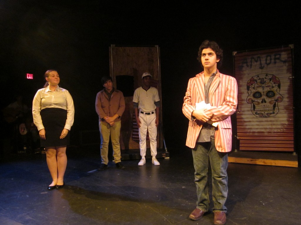 Juan Jose being tested for his U.S. citizenship while Harry Bridges and Jackie Robinson look on. / Photo: S. Thomas