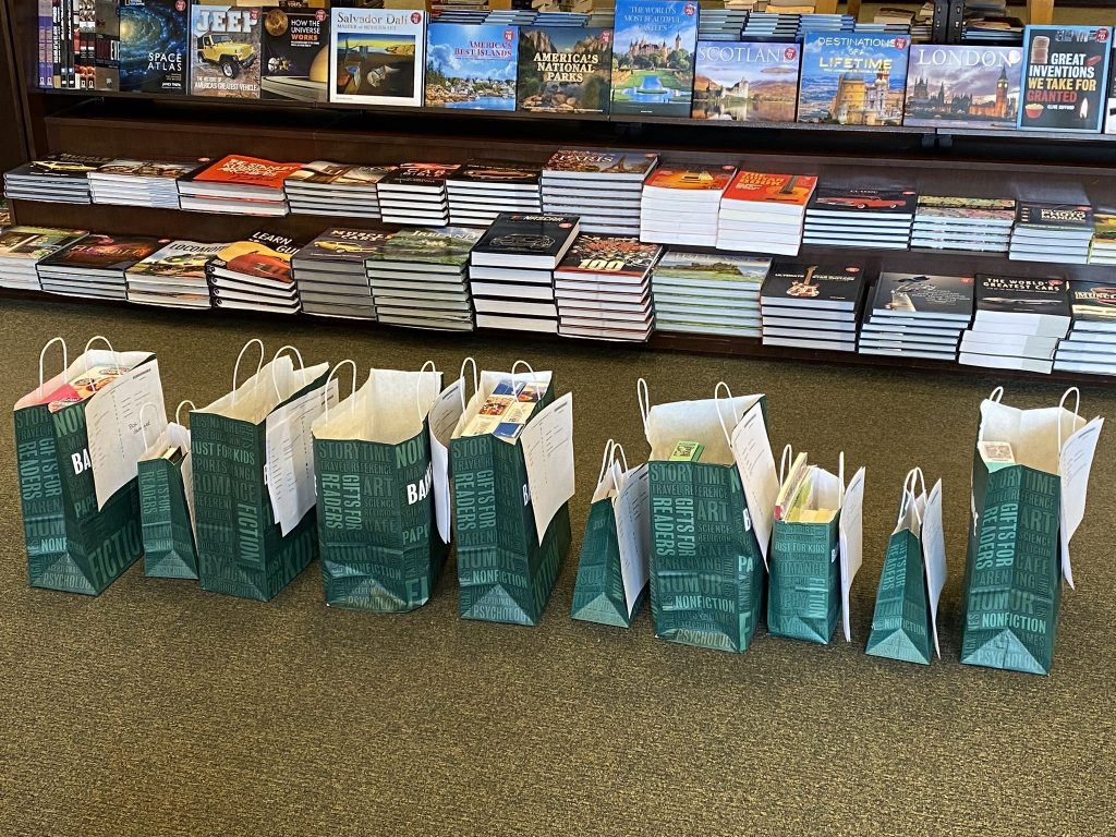 Image of several paper bags of varying sizes in a row that contain books, puzzles and more.