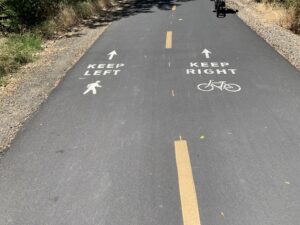 Image of bike trail with spray painted instructions that pedestrians keep to the left and cyclists to the right.