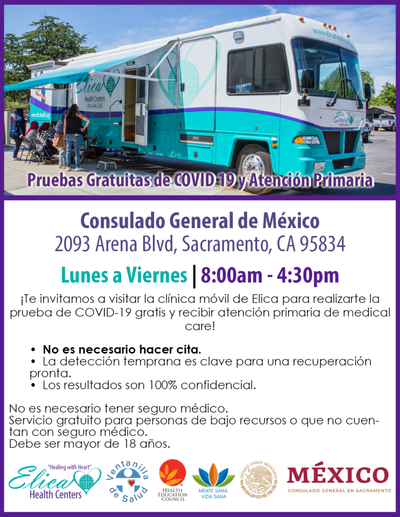 Spanish-language flyer with details about mobile clinic COVID-19 testing.