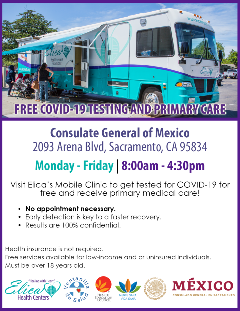 English-language flyer with details about mobile clinic COVID-19 testing.