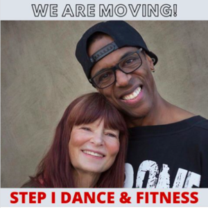 Photo of owners Mary Wright and Pepper Von with the words "We Are Moving!" above them and "Step I Dance & Fitness" below them.