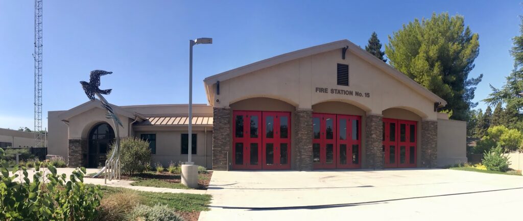 Image of Nighthawk sculpture in front of firestation.