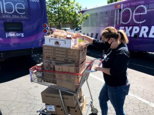 Image of Ashby pushing shopping cart full of food.