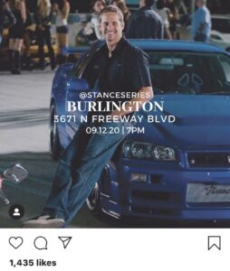 Image of movie actor Paul Walker leaning against a blue vehicle with the date and time of the car meet in Natomas.