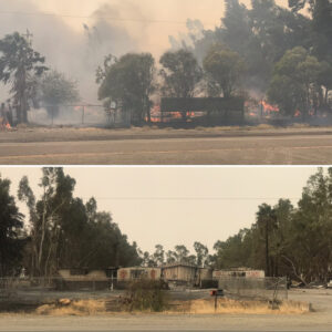 Split image. On top: a structure is engulfed in flames and below the burnt out structure.
