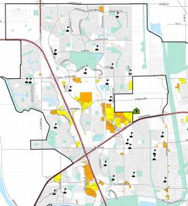 Image of map of Natomas with available property which meet proposed temporary homeless shelter guidelines identified with the color yellow.