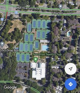 Image of aerial view of Natomas Sports Club showing the 17 tennis courts. 