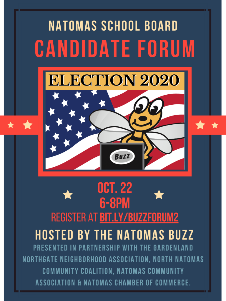 Image of flyer with details about Oct. 22 online candidate forum being hosted by The Natomas Buzz.