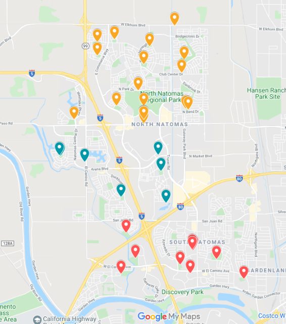 Map with dots indicating public art projects throughout Natomas.