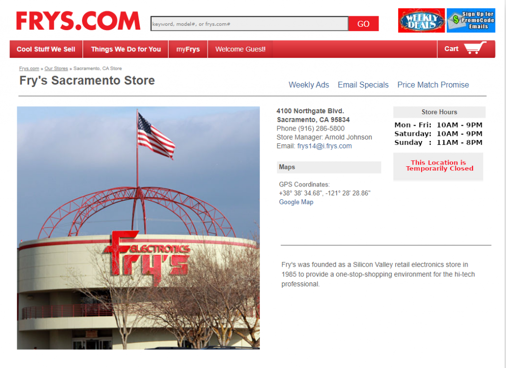 Image of Frys.com website showing the location at 4100 Northgate Boulevard as temporarily closed.