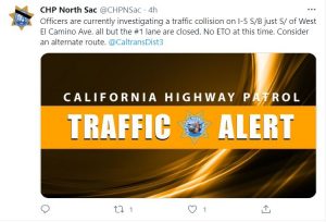 California Highway Patrol Traffic Alert CHP North Sac Officers are currently investigating a traffic collission on I-5 S/B just S/of West El Camino Ave. all but the #1 lane are closed. No ETO at this time. Consider an alternate route. @CaltransDist3