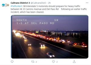 Caltrans District 3 @CaltransDist3 #TrafficAlert: SB Interstate 5 motorists should prepare for heavy traffic between W. El Camino Avenue and Del Paso Rd following an earlier traffic incident, which ahs been cleared.