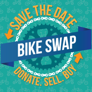 JIbe's Bike Swap logo featuring a green background, bike spokem and yellow lettering reading "Save the Date. Donate. Sell. Buy"