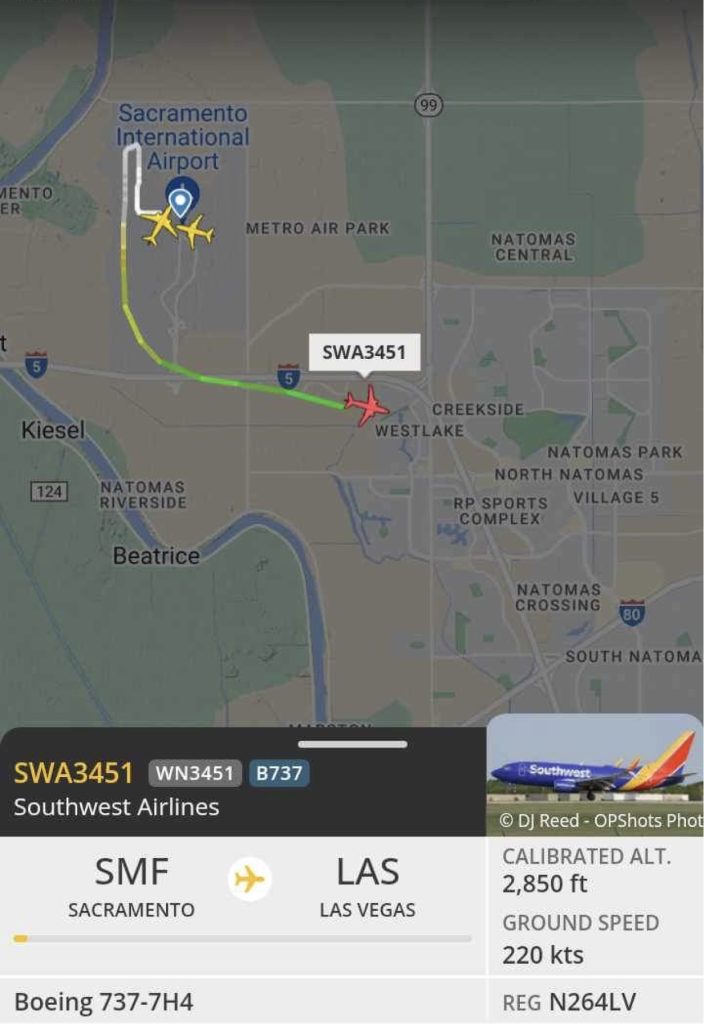 Image showing flight path and altitude of plane from Sacramento International Airport over residential neighborhood.