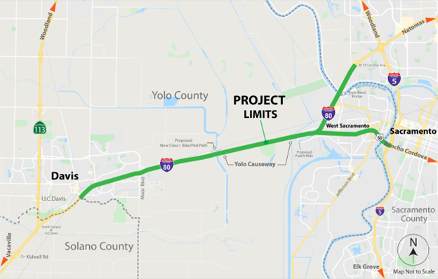 Image of map which shows stretch of freeway where proposed toll lanes would be implemented between Sacramento and Davis, along Interstate 50 and Interstat 80 westbound.